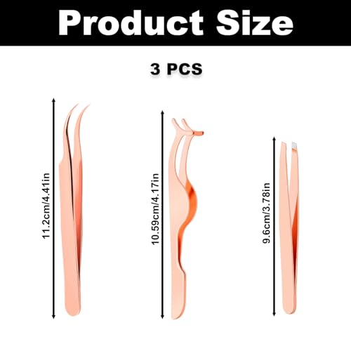3PCS Eyelash Applicator Tools, False Eyelashes Tools, Eyebrow Clip, Eyelashes Tweezers, Rose Golden Eyelash Tools Kit for Women - Thumbnail 2