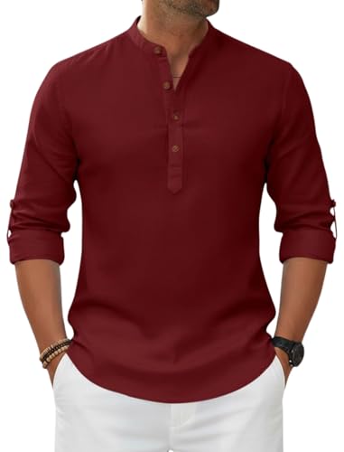 Image of Macsivo Men's Cotton Blend Solid Short Kurta with Regular Lenth Mandarin Neck Full Sleeves and roll-up tab| Kurta Style Shirt for Men