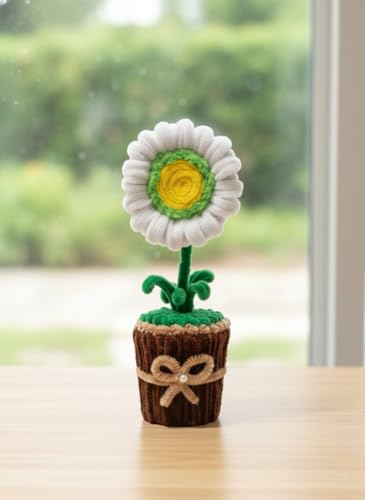 Image of Handmade Artificial Flower Pot for Home Decor | Cute Fuzzy Wire Pipe Cleaner Flower Plant | Aesthetic Tabletop Decorative Pot for Home, Office & Gifting (Soft Bloom :- Neon-White)