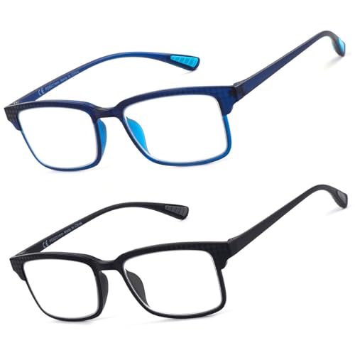 Image of CARA 2 Pack Reading Glasses Men, Super Lightweight Grilamid TR90 Frame for Women Blue Light /UV400 Protection Computer Readers, Black+Blue, 2.0x