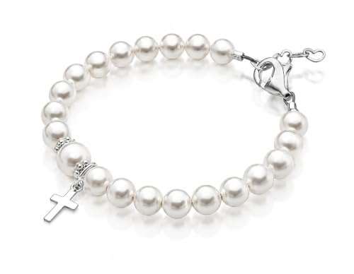 Image of Baptism Jewelry Gifts | White Pearl Bracelet | Sterling Silver Cross Charm