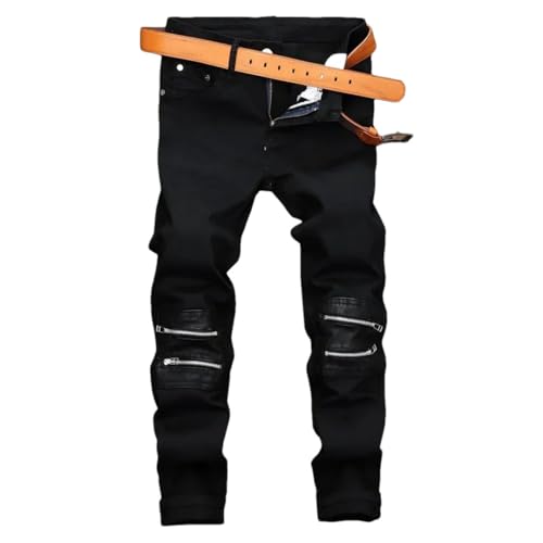 Men's Leather Knee Zip Jeans (No Belt) Stretch Slim Straight Motorcycle Denim Trousers