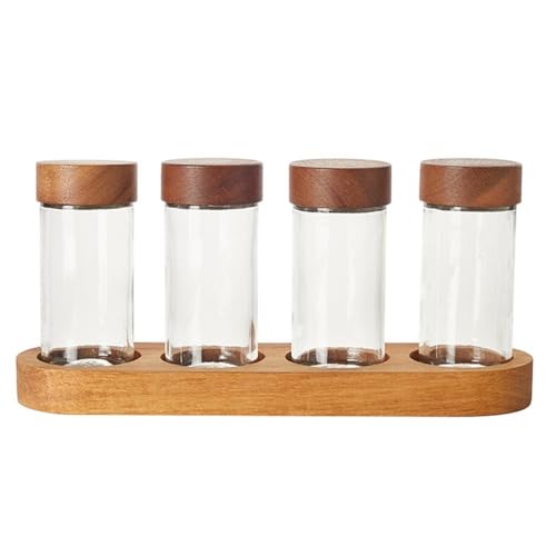 pipisweet Tarro redondo de vidrio para condimentos de 3 onzas, tapa de madera de acacia, tarro de condimentos, tarro de almacenamiento de cocina, tarro de especias con base de 4 piezas, organización