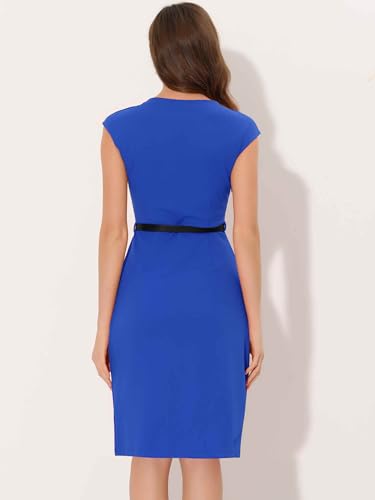 Image of Allegra K Business Dress for Women's Work Elegant 2026 Cap Sleeve Belted Office Sheath Dresses