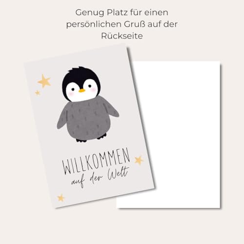 Lavender in Life Glückwunschkarte zur Geburt – „Willkommen auf der Welt“ – Süße Babykarte mit Pinguin-Motiv & Umschlag – Hochwertige Grußkarte für Mädchen und Jungen – Karte zur Geburt & Baby Geschenk