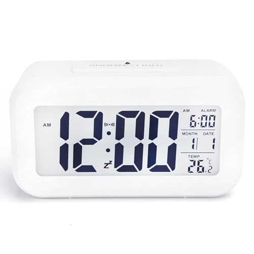 Image of DTL Digital Alarm Clock LED Display with Temperature Big LCD Digit Display Larger LCD Backlit Display Snooze Smart Brightness Sensor for Bedroom Home Office and Travel (White)