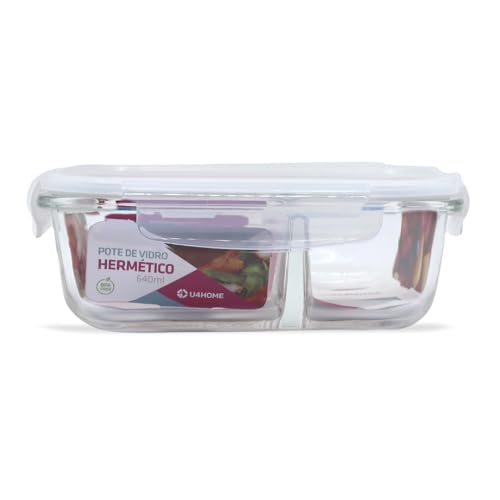 Pote de Vidro Retangular com Divisória e Tampa Hermética 640ml Branco