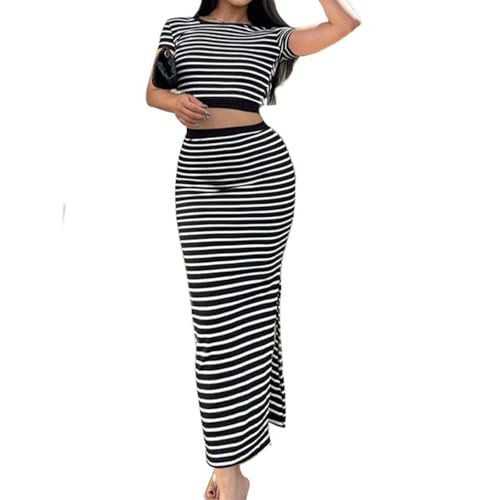 Womens Striped Outfits Short Sleeve Crop Top High Waist Slit Maxi Skirt Summer Casual Set