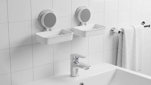 Image of Wall-Mounted Soap Holder with Waterproof Adhesive, Premium ABS Plastic, Removable Drain Tray, White (Pack of 2, Plastic Soap Dish Heavy)