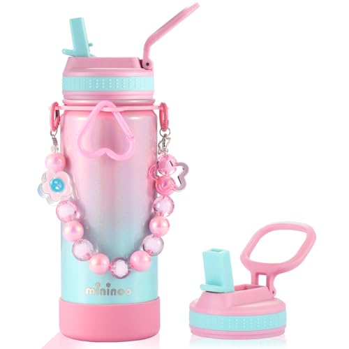 Mininoo Kids Water Bottle for School - 16 oz Stainless Steel Insulated Water Bottle with Ceramic-Lined Leakproof Straw Lid & Beaded Handle for Girls & Boys