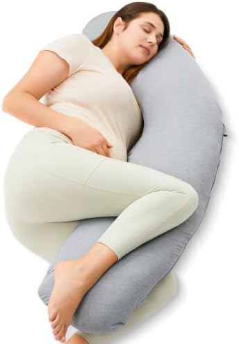 Momcozy J-Shaped Pregnancy Pillow for Sleeping with Cooling Cover – Maternity Body Pillow for Pregnant Women, Side Sleeper Support for Belly, Hip & Leg, Deep Grey