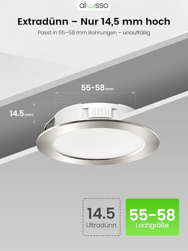 ALUSSO 3er Set 12V LED Einbaustrahler Decke 4W Möbel Einbaustrahler 3000K Warmweiß 4000K Neutralweiß 6000K Kaltweiß, Einbaustrahler LED Flach Bohrloch 55-58mm und 14.5mm Flache, IP44 Wasserdicht