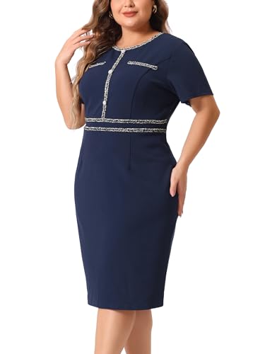 Image of Agnes Orinda Plus Size Dresses for Women Button Crew Neck Vintage Wear to Work Office Party Bodycon Pencil Dress