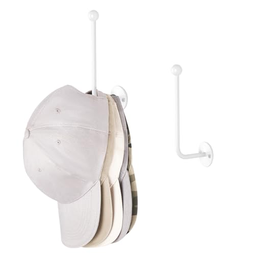 Dahey Hat Organizer for Baseball Caps 2 Pcs L Shaped Wall Mounted Hook Rack 5 Inch Space Saving Modern Metal Holder Storage for Closet, Bedroom, Living Room, White