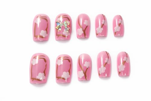 Glossy Press On Nails with Gold Stud Design, Medium Length Artificial Nails for Women and Girls, Ready to Wear Fake Nails Set for Party, Wedding and Daily Use, 12 Pieces (Cherry Blossom Pink Nails)