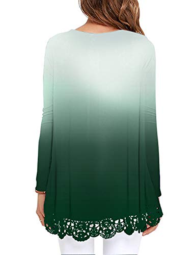 Beauhuty Womens Tops Casual Flowy Tunic Blouses O-Neck A-Line Lace Trim Long Sleeve Shirts (Long-Print Green,S)