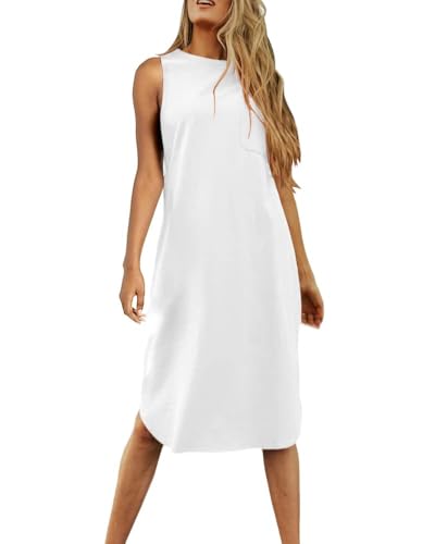 Image of Dyexces Summer Dress for Women Crew Neck Short Sleeve Solid Basic T-Shirts Casual Midi Dresses with Pocket
