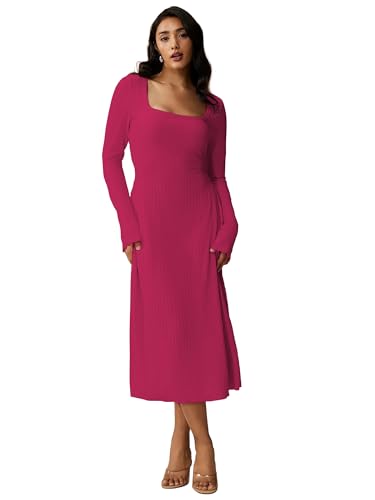 Image of Shasmi Women's Square Neck A-Line Dress - Long Sleeve, Tie Waist, Knitted Stretchable, Casual & Office Outfit, Solid Winter Midi Dress for Women (Dress 221)