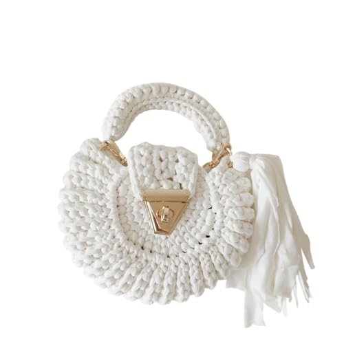 Women's Bag, Solid Color Cloth Strip Crochet, Round Fringed Purse, Single Shoulder Handbag for Women for Café, Beach