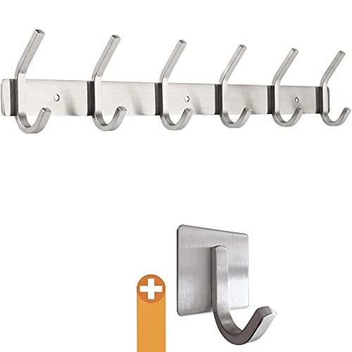 smartpeas Appendiabiti A Parete Attaccapanni Muro - Acciaio Inox Spazzolato -43X8X4Cm- Porta 30Kg - 6 Ganci +Plus: 1 Ganci Autoadesivi