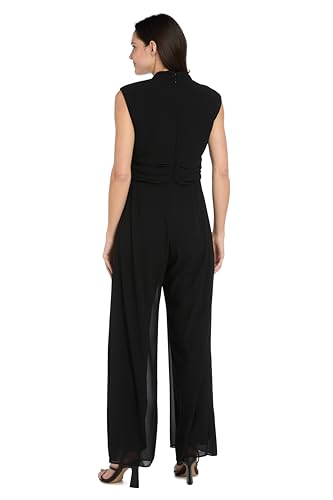 Image of R&M Richards Women's Sleeveless Jumpsuit with Sculpted Buckle Detail & Flowing Overlay for Formal Occasions, Wedding Guest