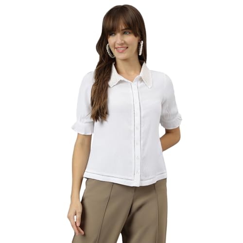 Image of Latin Quarters Women White Spread Collar Short Sleeves Solid Shirt for Casual Wear
