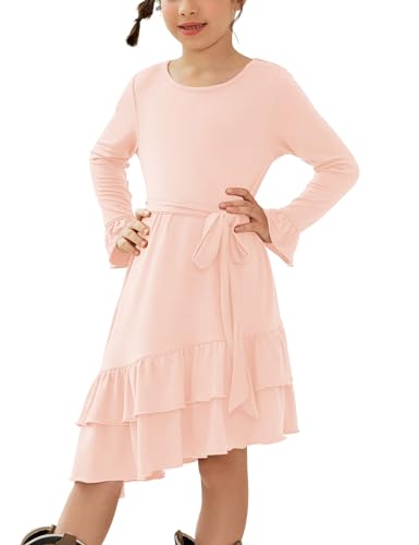 QPANCY Girls Long Sleeve Dresses Round Neck Casual Ruffle Swing Dress with Belt