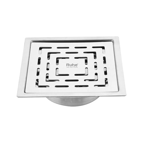 Image of Ruhe Sapphire Square Flat Cut Floor Drain | 304-Grade Stainless Steel with Cockroach Trap (6 x 6 Inches) | Floor Drainer for Bathroom, Balcony