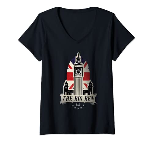 Damen London, Big Ben, England-Souvenir, British Tower, Vereinigtes Königreich T-Shirt mit V-Ausschnitt