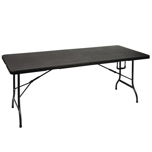 Perel Tavolo pieghevole, tavolo buffet, tavolo da campeggio, tavolo da picnic, effetto legno nero, pieghevole portatile con maniglia, piano in HDPE e telaio in acciaio 180 x 75 x 72 cm, interno ed