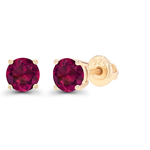 14K Yellow Gold Plated Sterling Silver 5Mm Round Created Ruby July Birthstone Screwback Stud Earrings #TOP1