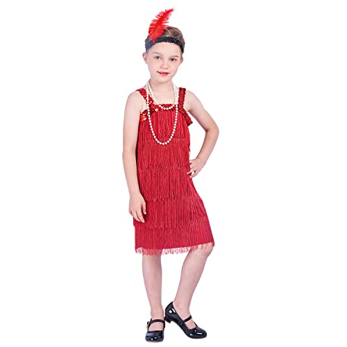 Sincere Party Roaring The 20S Red Flapper Costume Dress With Pearl Necklace,Feather Headband For Girls,Gangster Flapper Dress For Kids 8-10 #TOP11