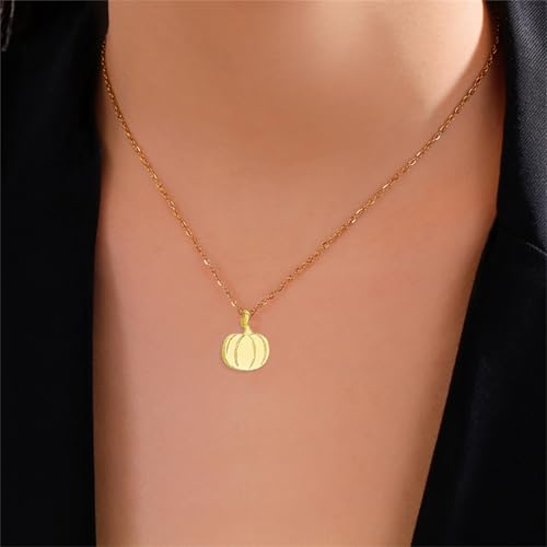 Dreuyet Small Pumpkin Necklace for Women Dainty Pumpkin Necklace 18K Gold Plated Pumpkin Hammered Coin Delicate Chain Necklace Minimalist Simple Halloween Thanksgiving Jewelry Fall Autumn Necklace3