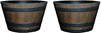 Classic Home and Garden Whiskey Plastic Resin Flower Pot Barrel Planter, Walnut Brown, 20.5" (Pack of 2)
