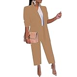 IyMoo Sexy 2 Piece Outfits for Women - Long Sleeve Solid Blazer Jackets Wide Leg Pants Slacks Business Suit Sets Khaki S
