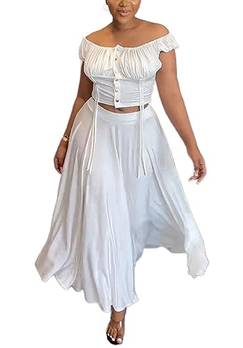 2 Piece Skirt Outfits for Women Sexy Off Shoulder Top Maxi Flowy A Line Skirts Casual Set