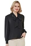 FHMLS Women's Bow Tied Neck Chiffon Blouses Casual Loose Long Sleeve Office Work Solid Tops Shirts (Black, XXL)