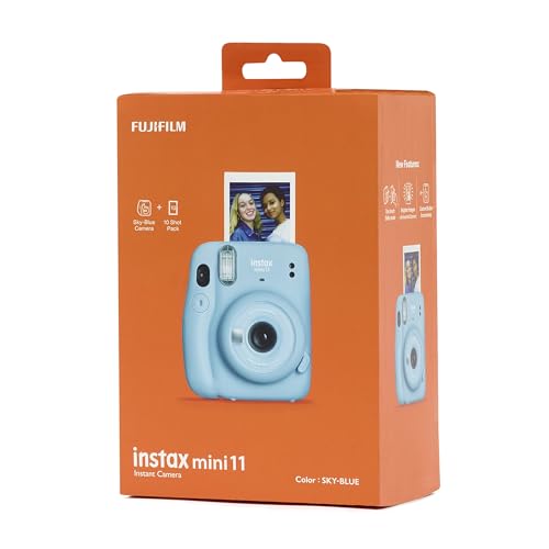 Image of instax mini 11 instant film camera with 1 x 10 shot instant film cartridge, Automatic exposure, selfie lens, hand strap, Sky Blue colour