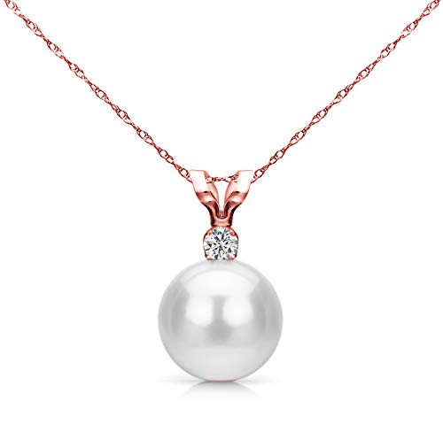 White Saltwater Cultured Japanese Akoya Pearl Diamond Pendant Necklace 14K
