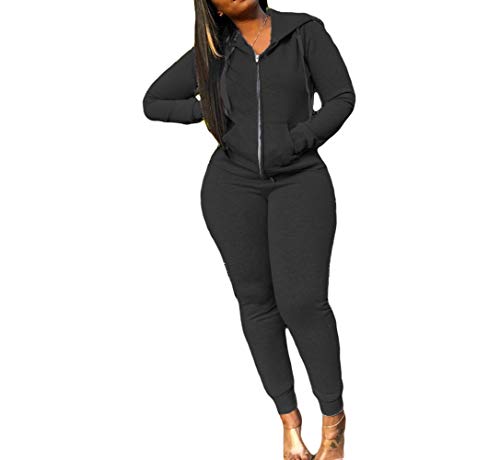 VERWIN 2 Pieces Womens Athletic Suits Sets Jogger Outfits Long Sleeve Hooded Tracksuit Sports Sweatsuits XL Black
