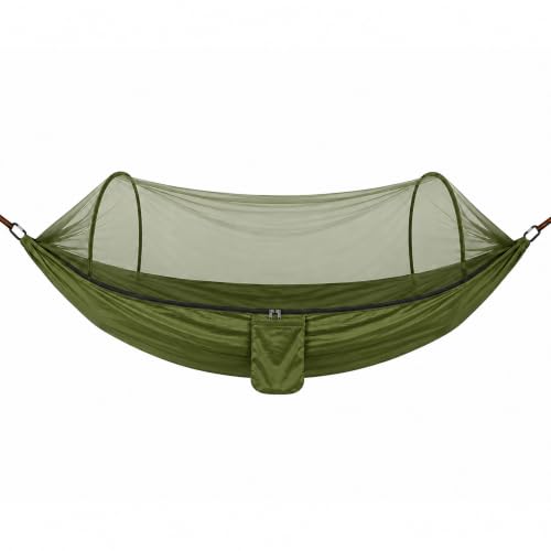 Image of Portable Camping Hammock by Classic Mosquito Net, Dark Green Nylon Hanging Swing with Carabiners for Hiking, Camping, Backpacking & Outdoor Travel