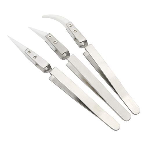 Ellbest 3pcs Ceramic Tweezers, Stainless Steel Handle, Anti-slip, Antimagnetic, High Temperature Resistant, Non-Conductive, Curved and Straight Tips Tweezer Set (Silver)