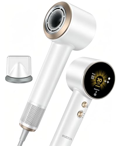 BYZEEYA High-Speed Hair Dryer, 160,000 RPM Ionic Hairdryer with 1 Billion Plasma, 7 Modes LCD Display & TOF Smart Temp Control, Professional Travel Blow Dryer for Women/Men/Kids/Pets, Moon White
