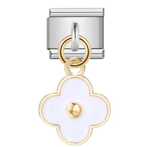 Image of Mon & Sons Four Leaf Dangle Clover 4 Flower Charm Silver Italian Link Stainless Steel Bracelet Charm Compatible With 9mm Bracelet