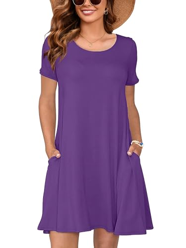 Image of Heymoments Women's Short Sleeve Crewneck Sundress Summer Casual A-Line Beach Dress with Pockets S-2XL