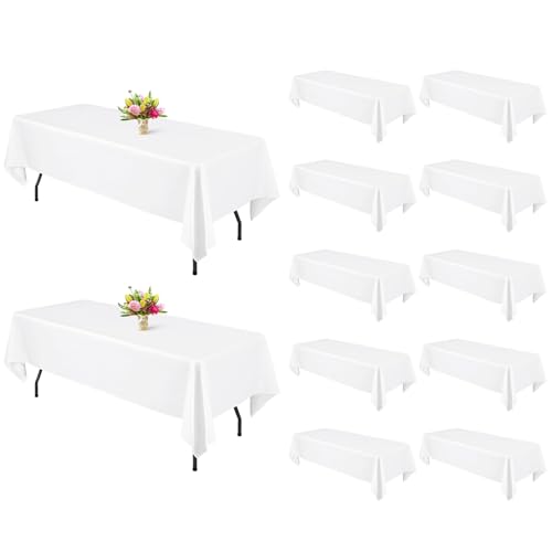 YMHPRIDE Paquete de 12 manteles rectangulares blancos de 60 x 126 pulgadas para mesas rectangulares de 8 pies, tela de poliéster lavable, para bodas, banquetes, vacaciones, decoración de mesa, color