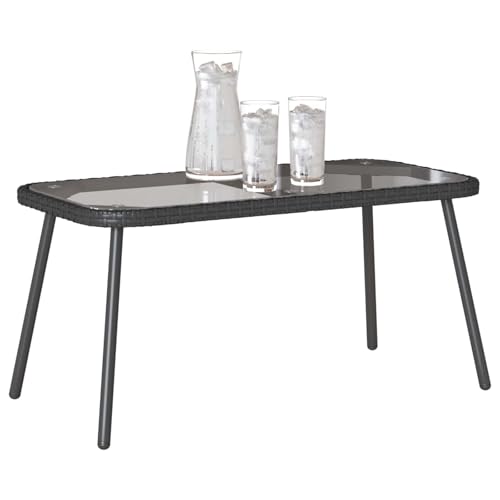 KNERPWD Poly Rattan Coffee Table with Glass Surface, 90 x 45 x 43 cm, Contemporary Outdoor Garden Table for Patio and Terrace