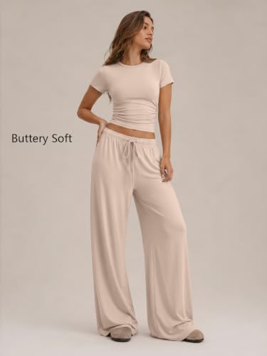 Image of Trendy Queen 2 Piece Matching Summer Lounge Set Womens Side Ruching Top Wide Leg Pants Sets with Pockets