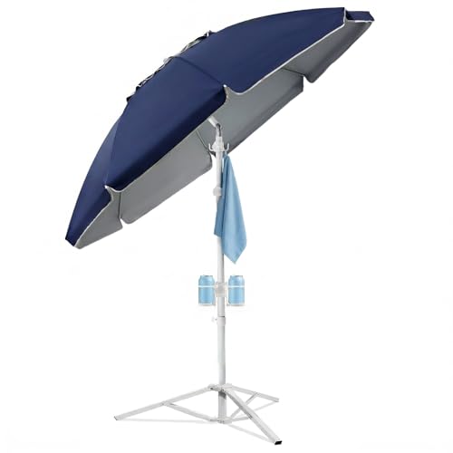 PASAMIC 7ft Portable Umbrella with Stand, UPF 50+ Sports Sun Shade Umbrella with Carry Bag, Hook & Cup Holders, Adjustable Instant Sun Protection for Sports, Beach, Fishing, Navy Blue
