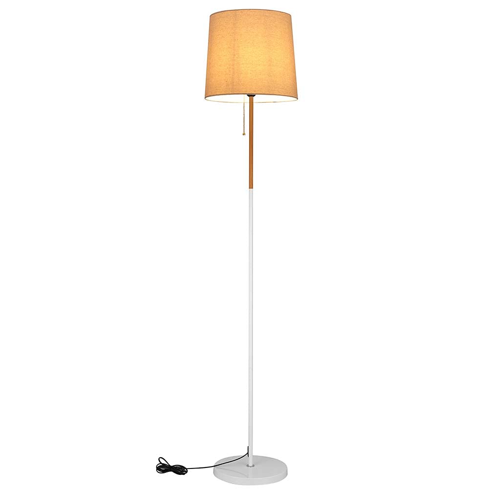 BAKAJI Lampada Piantana da Terra Luce Lampadina E27 Max 60W Base Rotonda Struttura in Metallo e Legno Paralume in Tessuto Design Moderno Accensione a Catena Altezza 170 cm (Bianco)